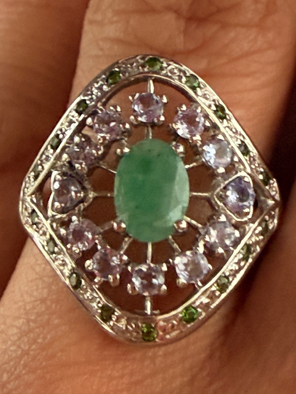 Natural Green Emerald Center Tanzanite Halo Cocktail Ring sz8/ 925